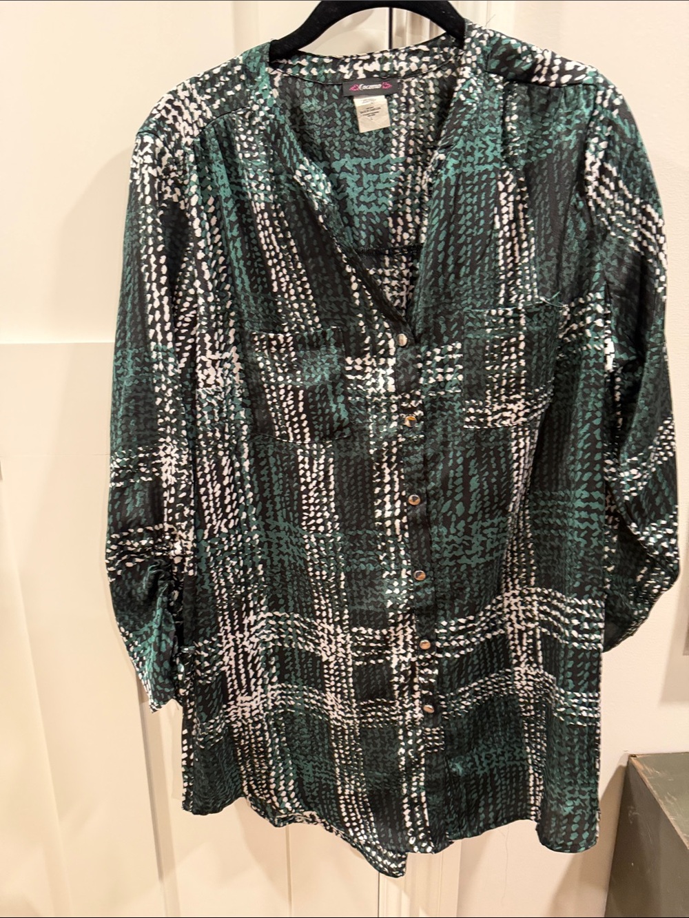 Cocomo Teal and Black Patterned Long-Sleeve Button Dress